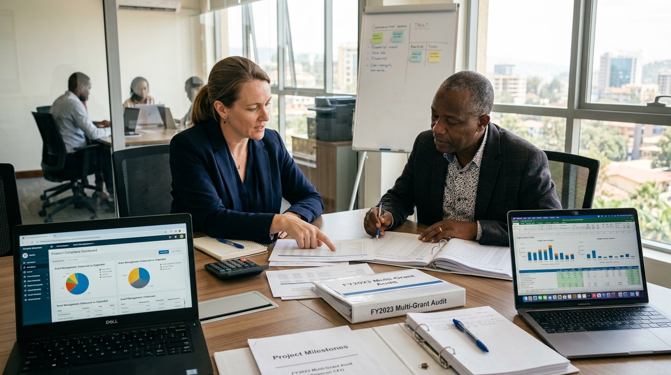 International Donor Representative and NGO CFO Reviewing Audit Statements in Kigali
