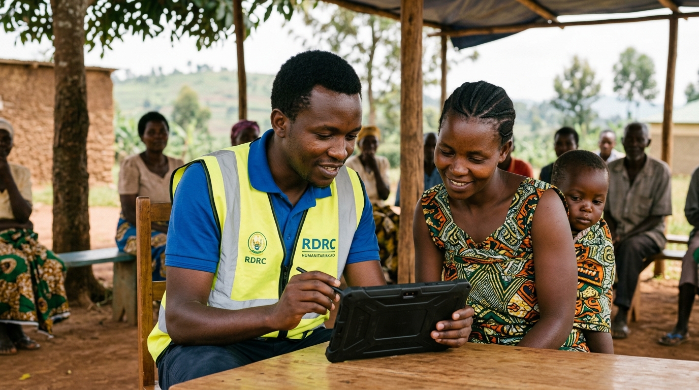NGO Humanitarian Field Officer Using Offline Tablet in Rural Rwanda